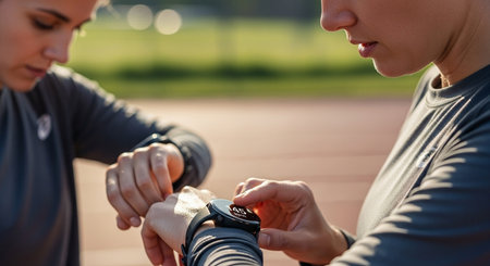 Close up view of young woman looking at smartwatch while training outdoorsの素材