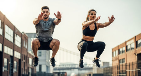 Athletic man and woman in sportswear jumping on the streetの素材