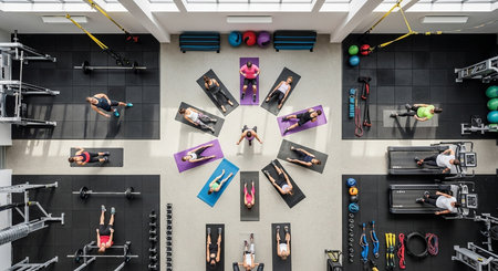 Aerial view of people doing fitness exercise in a fitness center.の素材