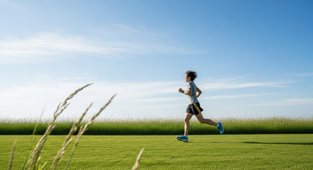 Young woman running on green grass field. Healthy lifestyle and fitness concept.の素材