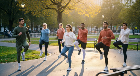multiethnic group of people jogging together in park on sunny dayの素材