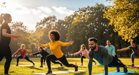 Group of multiethnic people practicing yoga in the park. Group of young people exercising outdoors.の素材