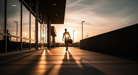 Silhouette of a man walking in the city at sunset.の素材