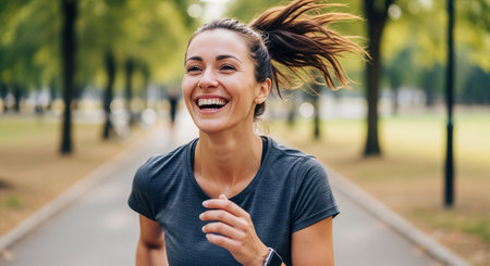 Portrait of a happy young woman running in the park. Sport and fitness concept.の素材