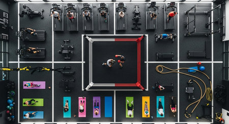 Aerial view of a fitness studio with different equipment. Top view.の素材