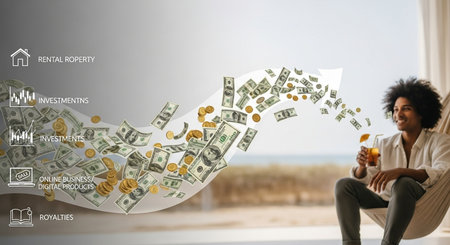 Digital composite of Businessman sitting on chair with money and glass of cocktailの素材