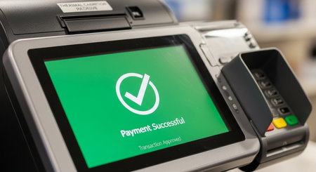 Close-up of a payment terminal with a green check mark on itの素材