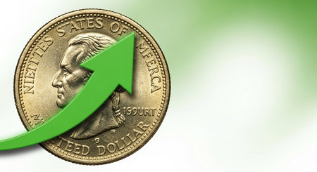 One dollar coin with green arrow up on green background with copy spaceの素材