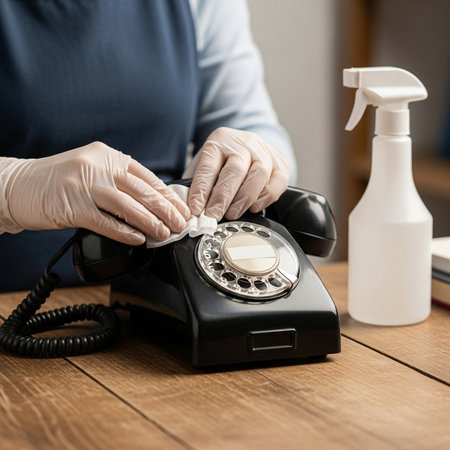 close up of woman hands with sanitizer and telephone at homeの素材