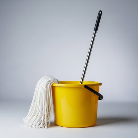Mop and mop in yellow bucket on a gray background.の素材