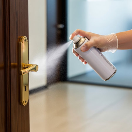 Spray can for cleaning the door handle. Cleaning service concept.の素材