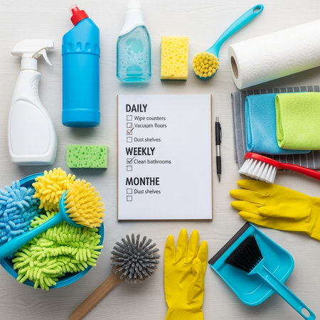 top view of cleaning supplies and clipboard with do not disturb lettering on wooden surfaceの素材