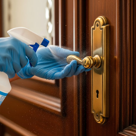 Hand in blue gloves cleaning door handle with rag and sprayer.の素材