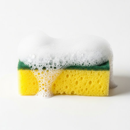 Sponge with foam on a white background. Cleaning concept.の素材