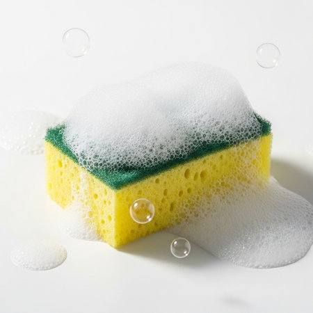 Sponge and sponge with foam and bubbles on a white background.の素材