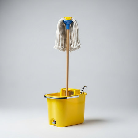 Yellow mop in bucket on white background. Cleaning concept.の素材