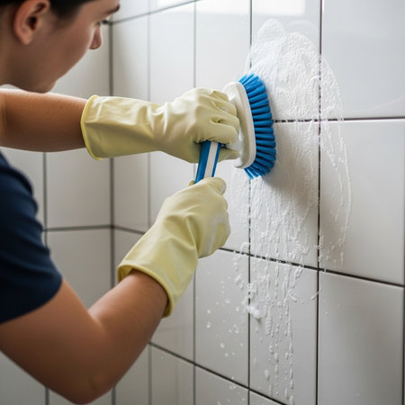 Woman cleaning tile wall with a brush, close-up of handsの素材