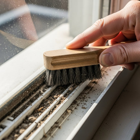 Close-up of a woman's hand cleaning the window with a brushの素材