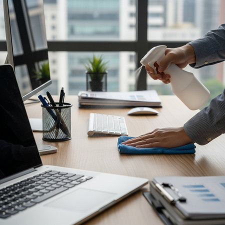 businessman hand using alcohol sanitizer spray on table in officeの素材