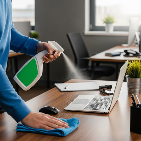 cropped shot of man spraying disinfectant on laptop at workplace in officeの素材