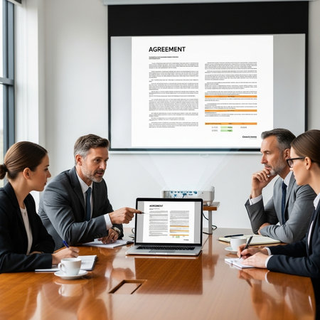 Business people working together in office. Businessman showing a document to his colleagues.の素材