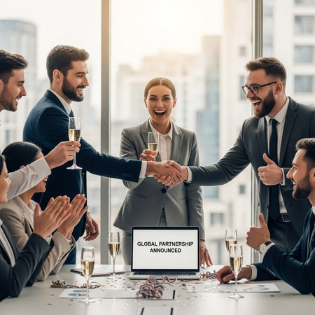 Group of business people are celebrating success with champagne and smiling while working in officeの素材