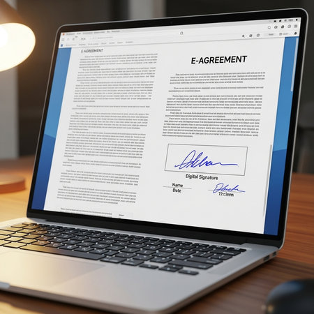 Workplace with laptop on table, closeup. Job interview conceptの素材