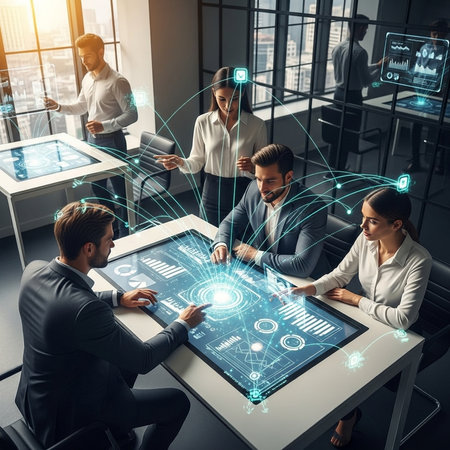 Group of business people working together in modern office with virtual icons. Toned image double exposureの素材