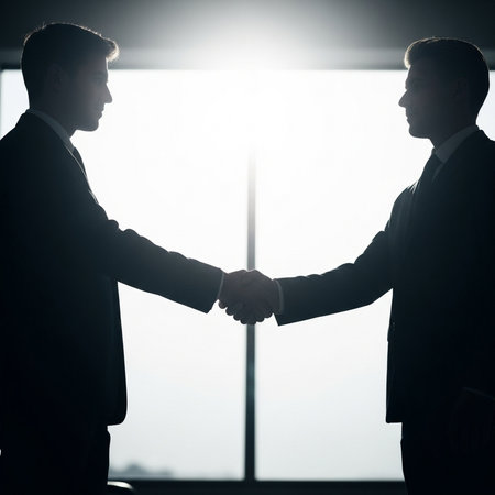 Silhouette of two businessmen shaking hands in office. Business conceptの素材