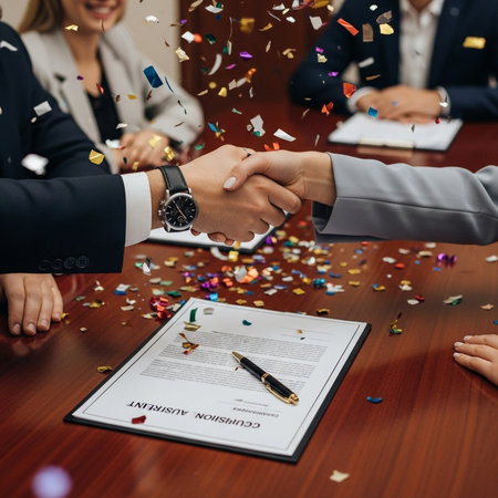 Business people shaking hands with each other during a business meeting in the officeの素材