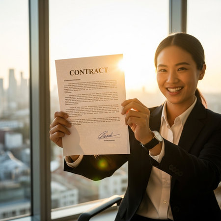 Smiling businesswoman holding contract document and looking at camera in officeの素材
