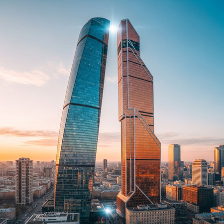 Shanghai, China. Modern skyscrapers at sunset.の素材