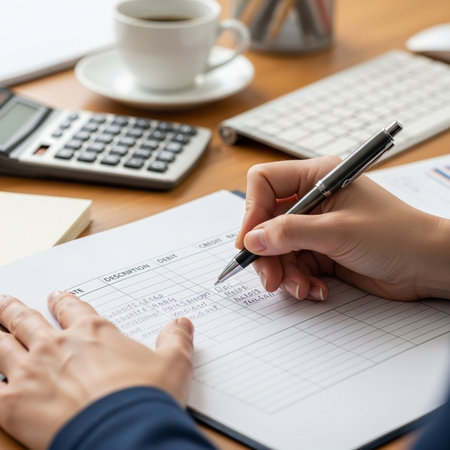 Close-up of businesswoman's hand writing on notepad at workplaceの素材