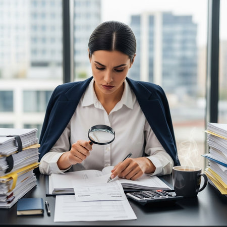 selective focus of businesswoman looking through magnifying glass while working with documents in officeの素材