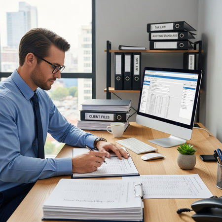 Businessman working on computer in office, he is checking financial documentsの素材