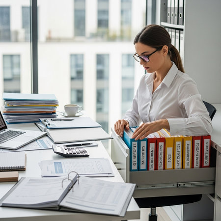 businesswoman in eyeglasses looking at folders with papers in officeの素材
