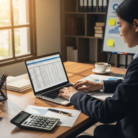 Businesswoman working with laptop computer in office. Accounting and financial report concept.の素材