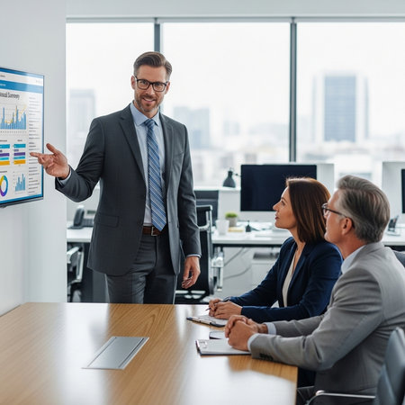 smiling mature businessman pointing at flipchart with charts during meeting in officeの素材