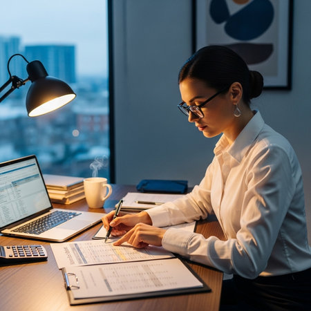 businesswoman in eyeglasses working with documents and laptop in officeの素材