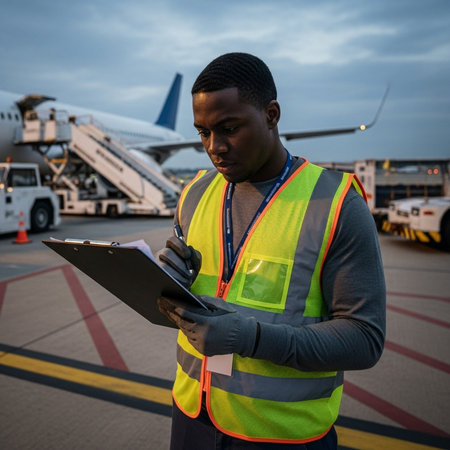portrait of confident african american pilot writing on clipboard at airportの素材
