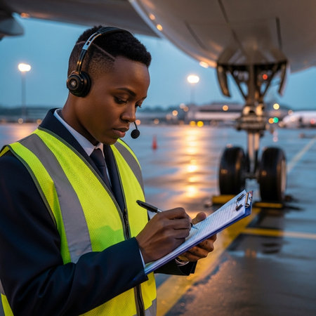 african american pilot writing in clipboard while standing near airplane at airportの素材