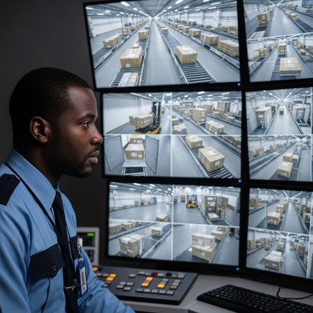Side view of African-American security guard looking at monitors in warehouseの素材