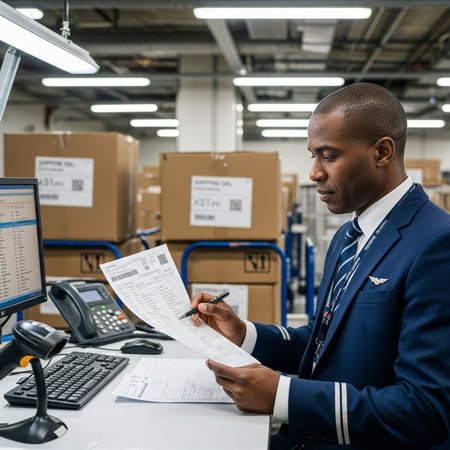 african american businessman working with papers and computer at modern warehouseの素材