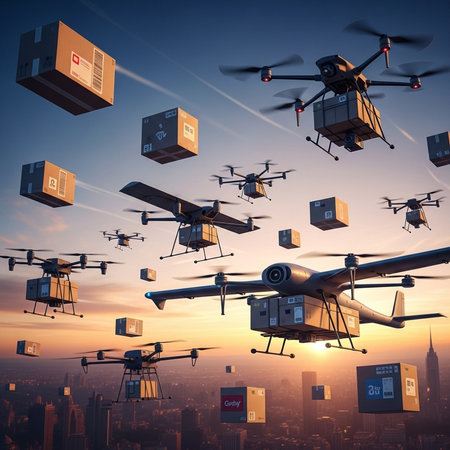 Drone with packages flying in the air. 3D rendering.の素材