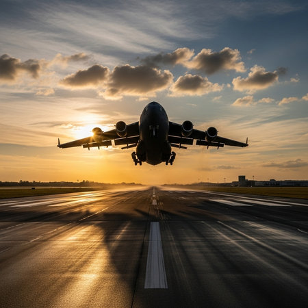Airplane taking off from the airport runway at sunset. Travel and transportation conceptの素材