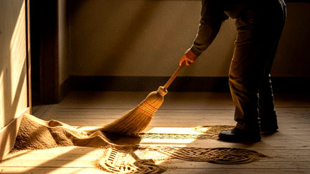 A man sweeping the floor with a broom in the living room.の素材