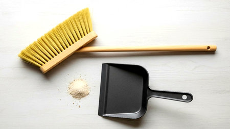 Cleaning scoop, brush and powder on white wooden background, top viewの素材