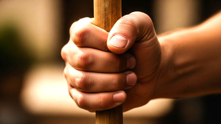 Close up of a man's hand holding a wooden stick in a churchの素材
