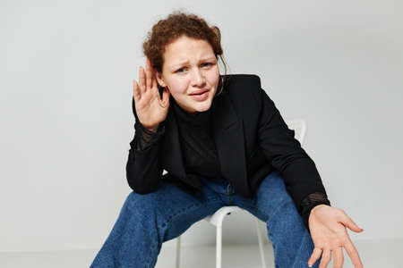 portrait of a young woman elegant style black blazer posing isolated backgrounds unaltered