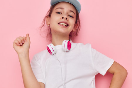 Portrait of happy smiling child girl wearing headphones posing emotions childhood unalteredの写真素材